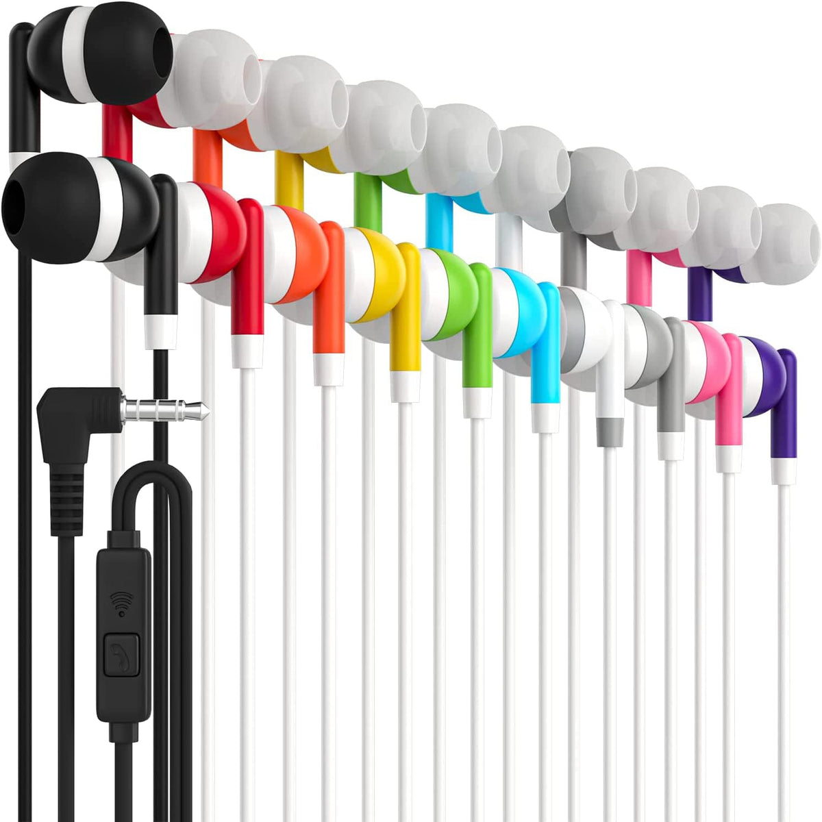 Maeline Bulk Earbuds with Microphone Noise Isolating in-Ear Headphones for Classroom Library Travel 3.5mm Wired Student Earbuds Earphones for iPhone Android MP3 Player - 10 Pack - Multi Color