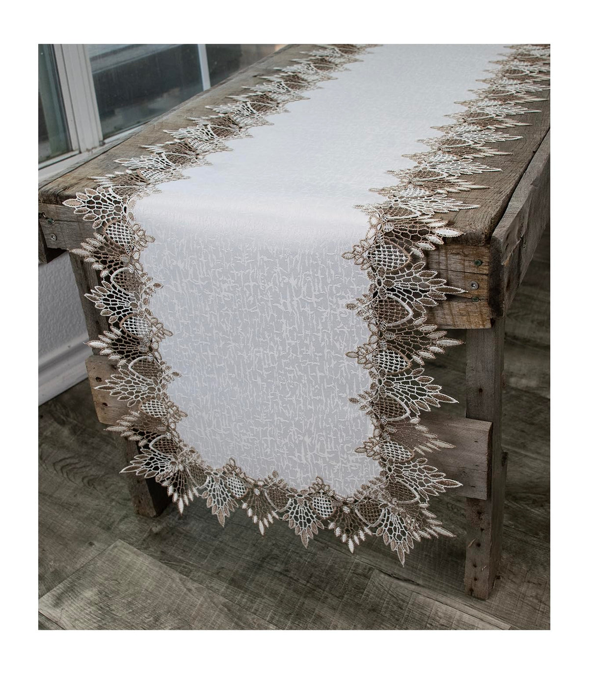 Lace Runner Neutral Earth Tones on White Jacquard Table Runner Dresser Scarf Coffee Table Runner (16Wx54L)