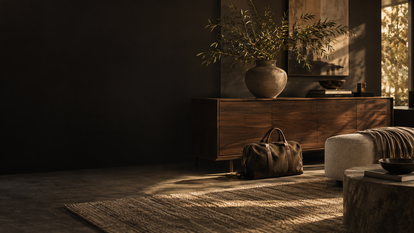 Warmly lit contemporary interior with walnut furniture and soft textiles